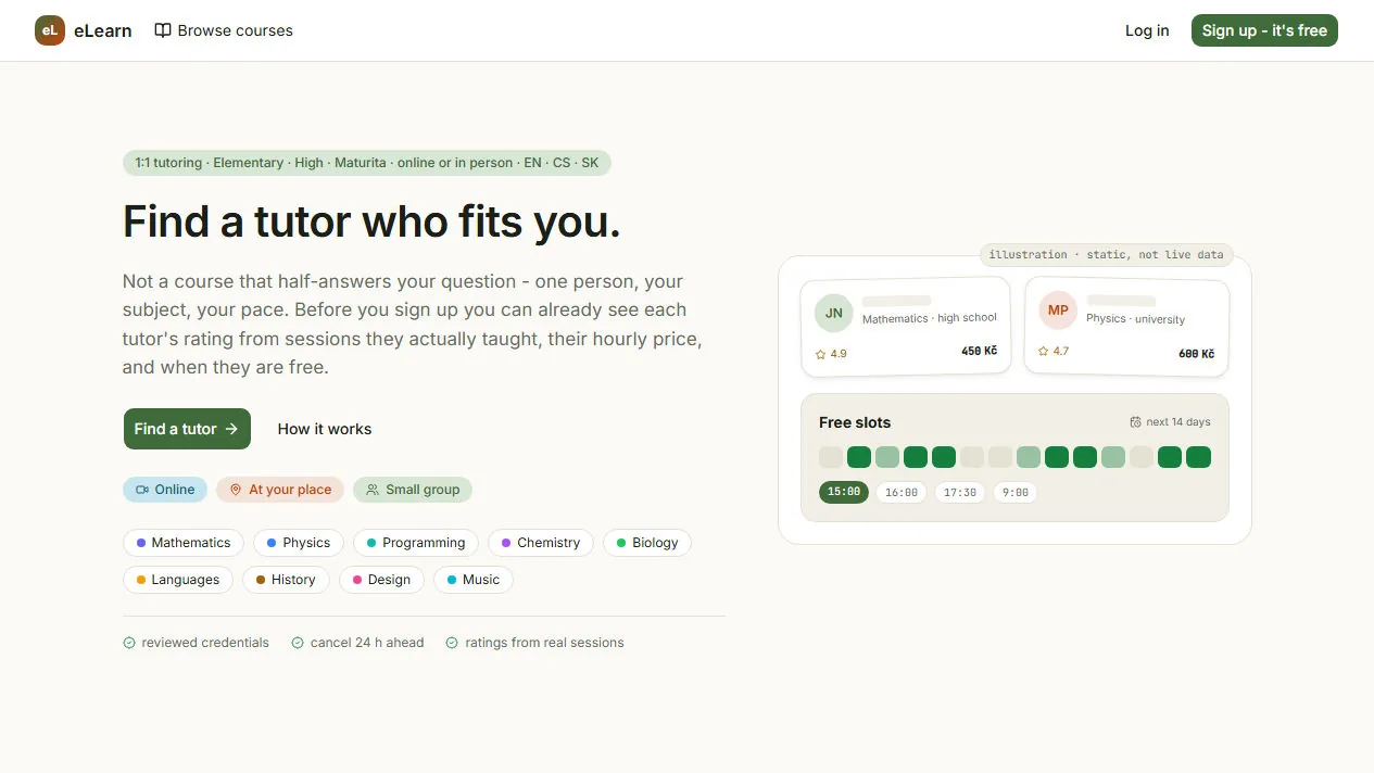 eLearn tutoring landing page with lesson formats, subject filters, and sample tutor cards with free time slots