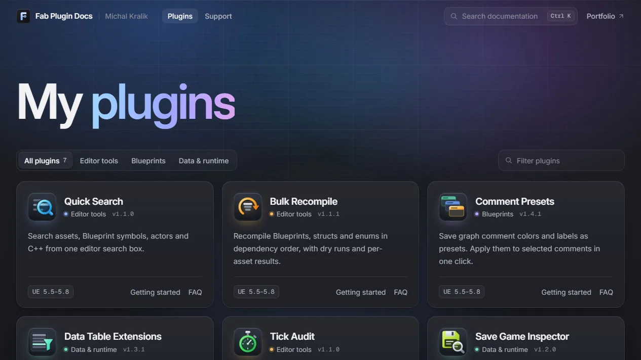 Fab Plugin Docs landing page with category filters and cards for Unreal Engine plugins such as Quick Search, Bulk Recompile, and Comment Presets